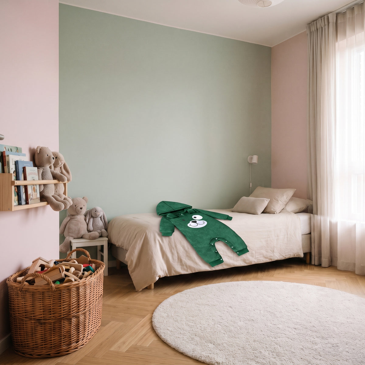 Combinaison bébé verte dépliée dans une chambre d’enfant
