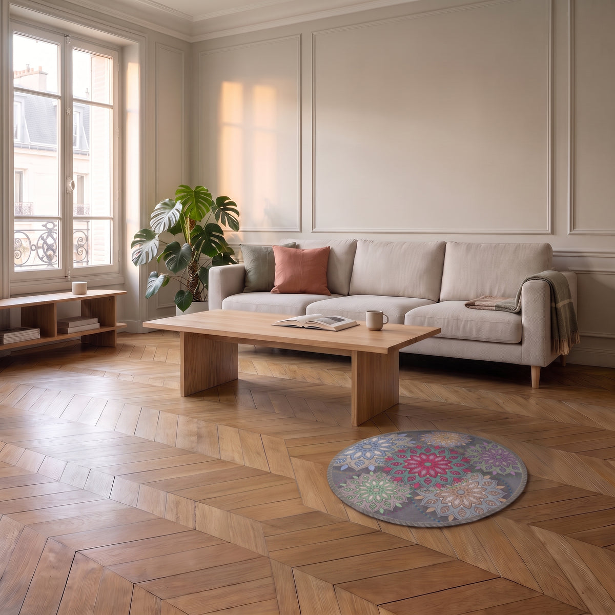 Petit tapis rond à mandala multicolore vu dans le salon à sa taille réelle