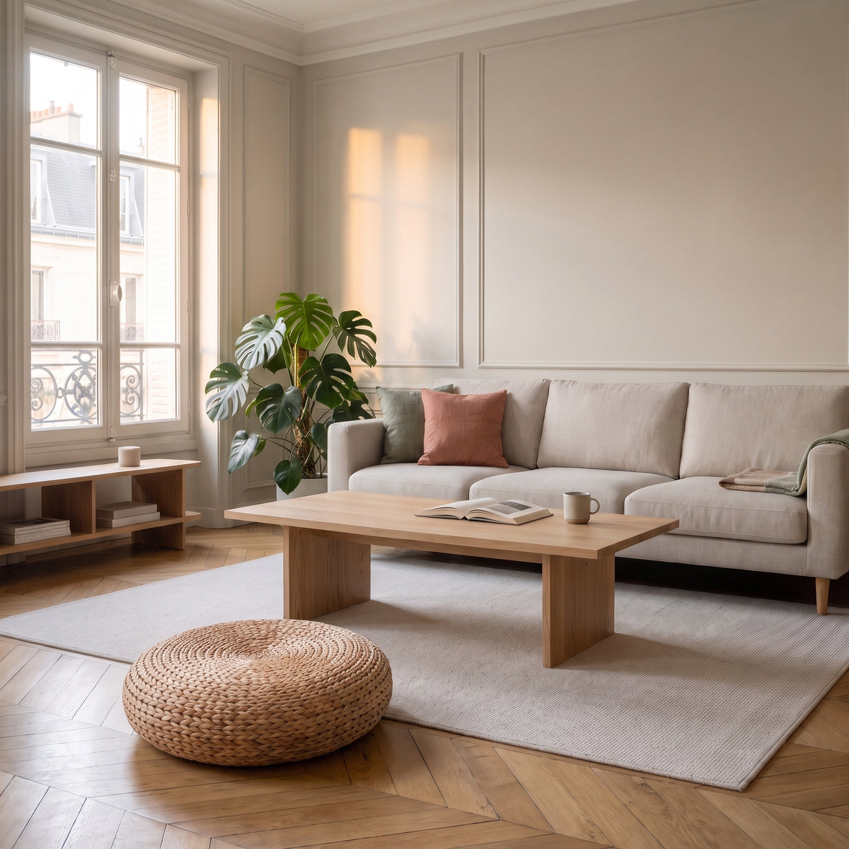Pouf rond en fibre végétale tressée vue d'ensemble