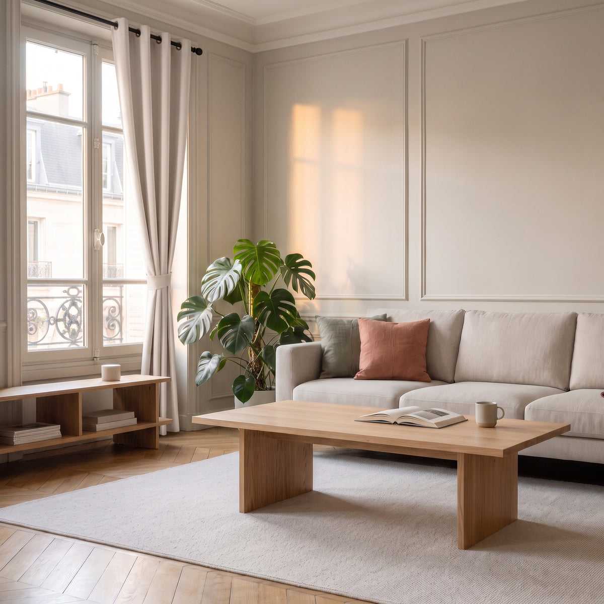 Rideau occultant beige dans un salon à taille réelle