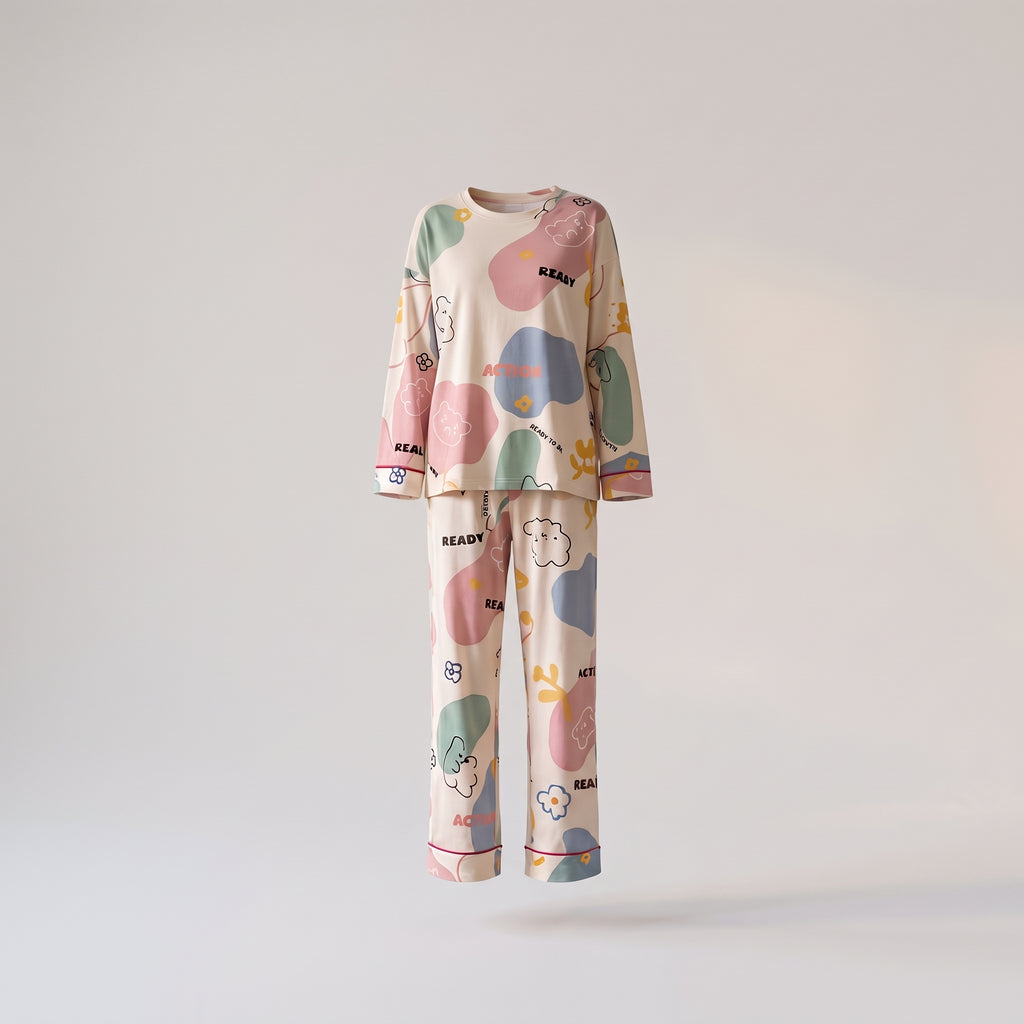 Pyjama deux pièces coton à motifs pastel en volume, fond uni
