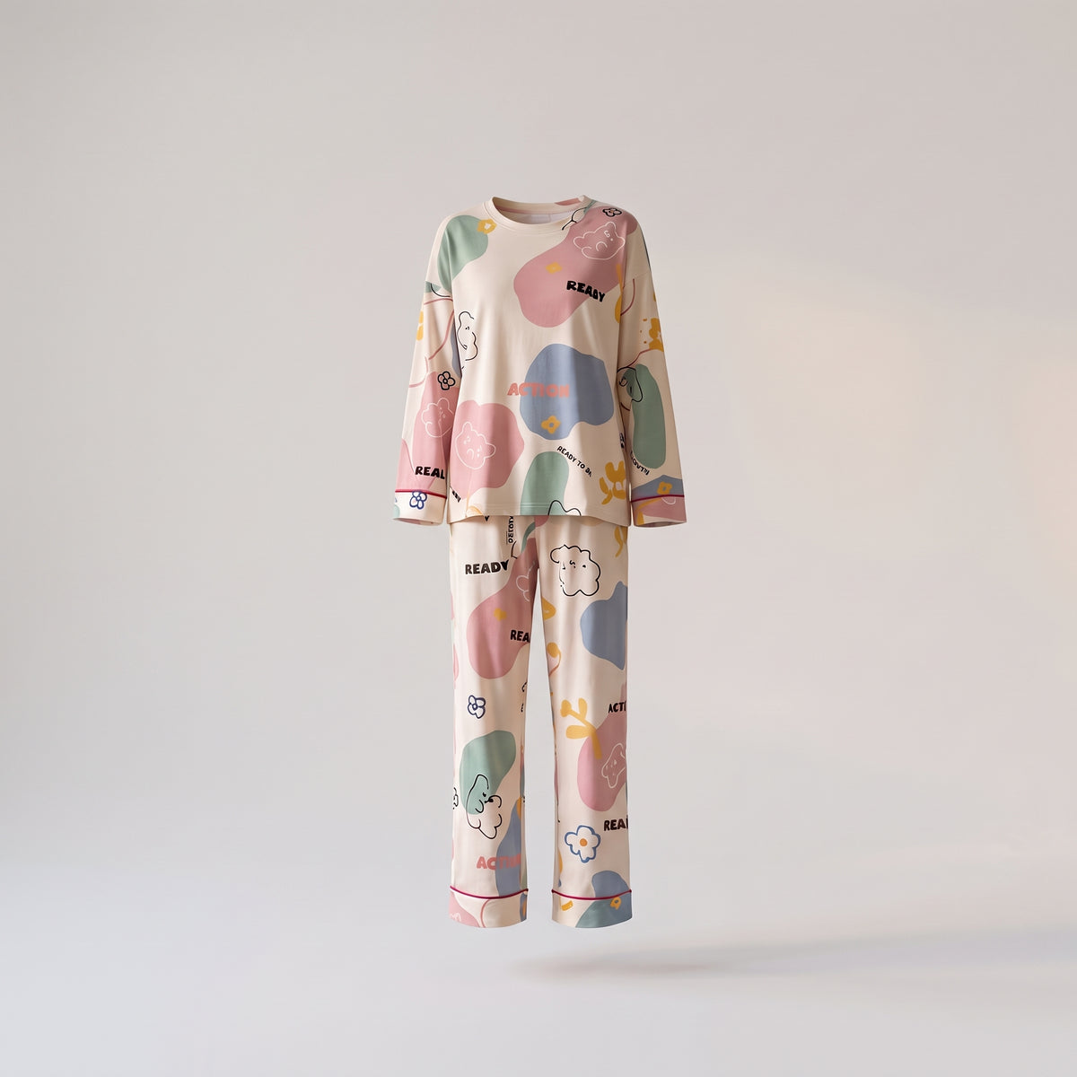 Pyjama deux pièces coton à motifs pastel en volume, fond uni