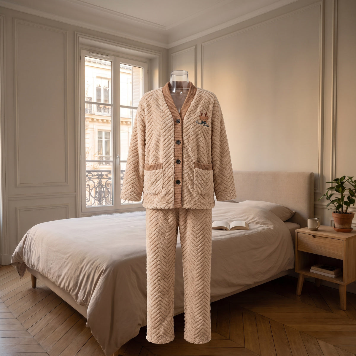 Veste et pantalon du pyjama polaire beige présentés sur un buste transparent