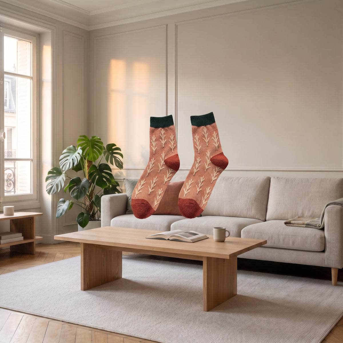 Chaussettes orange à motif feuillage présentées sans pied