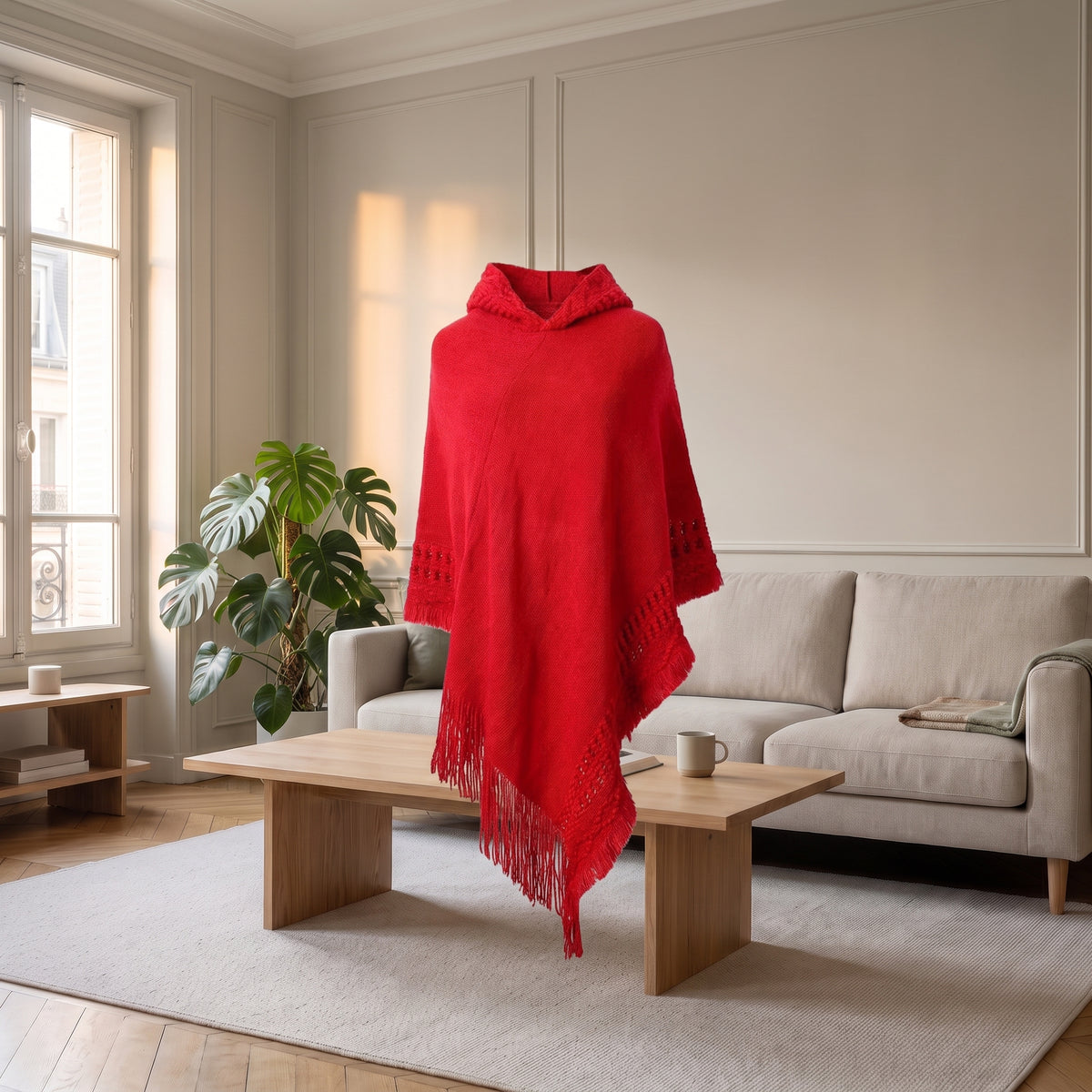 Cape bohème rouge à franges présentée sans mannequin