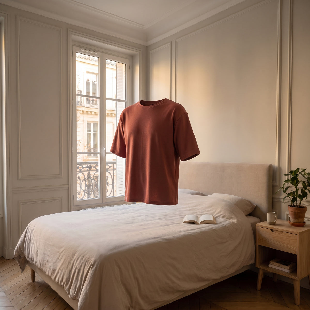 T-shirt col rond rouge terracotta sur mannequin invisible