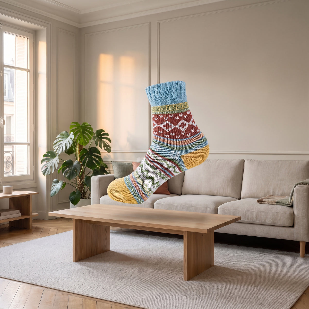 Chaussettes multicolores bleues présentées sans pied