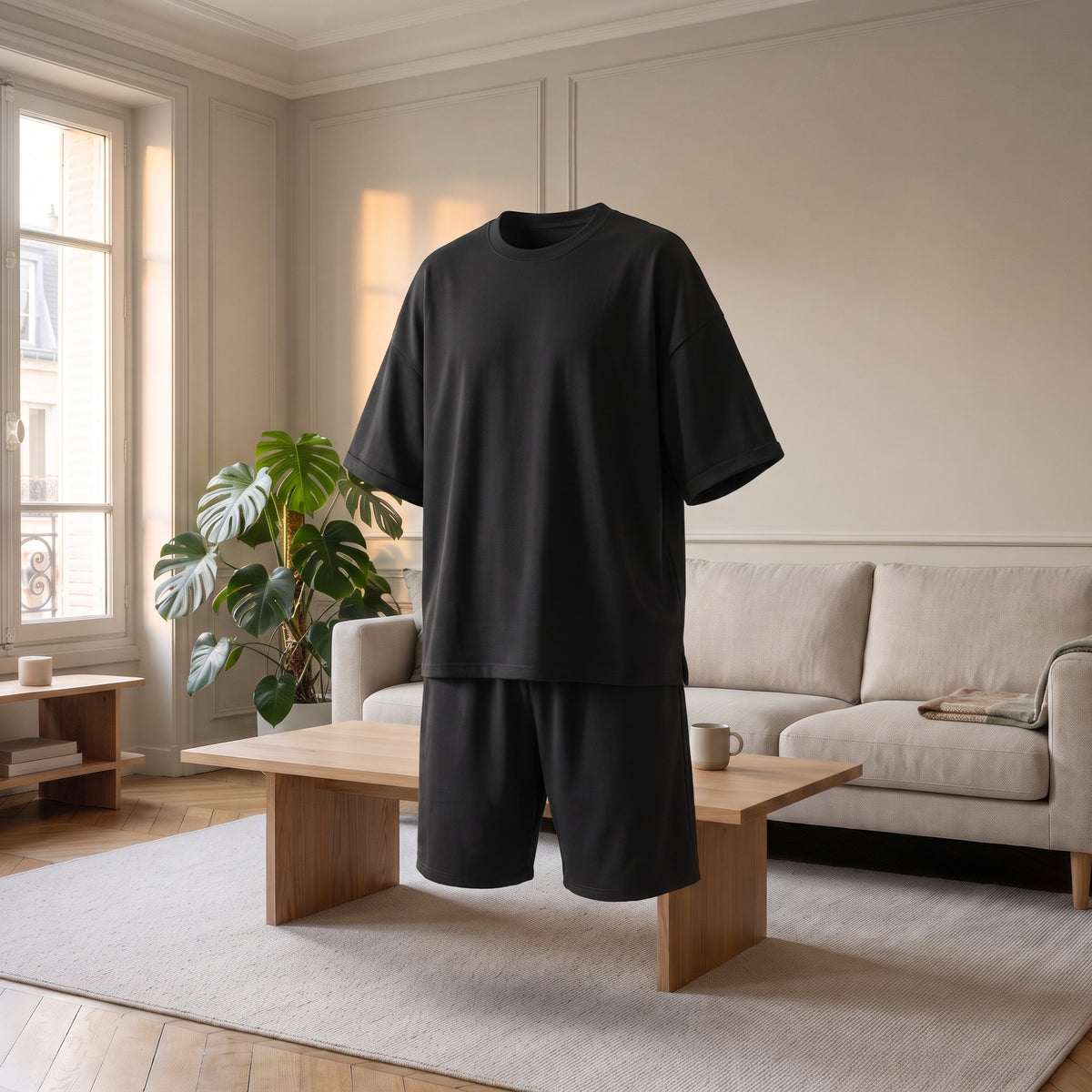 Ensemble d'été noir porté sans mannequin, coupe ample visible