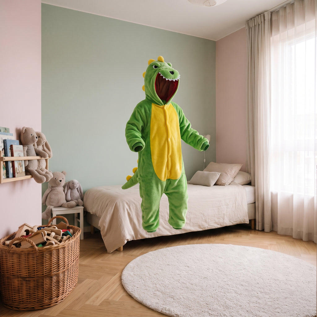 Combinaison pyjama dinosaure vert présentée seule dans une chambre d'enfant