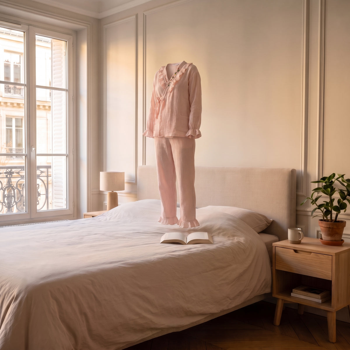 Pyjama femme cache-cœur brodé rose en forme portée sans corps