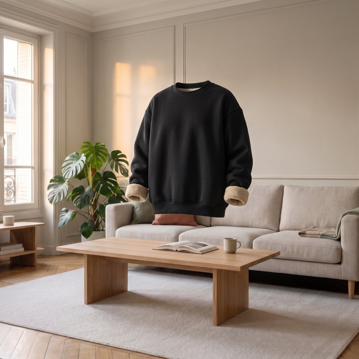 Sweat doublé polaire noir présenté sur mannequin invisible
