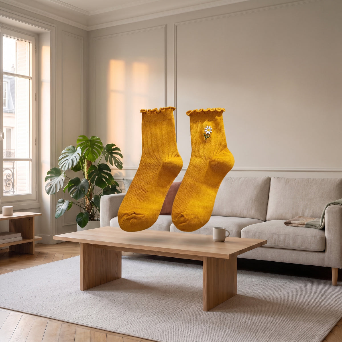 Chaussettes à volants jaunes à fleurs brodées en volume