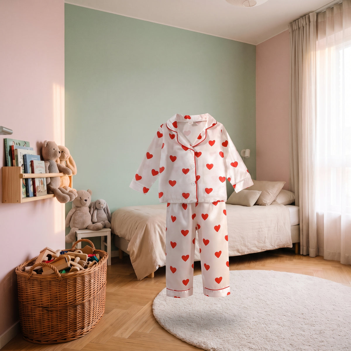 Pyjama en satin à imprimé cœurs présenté seul dans une chambre d'enfant