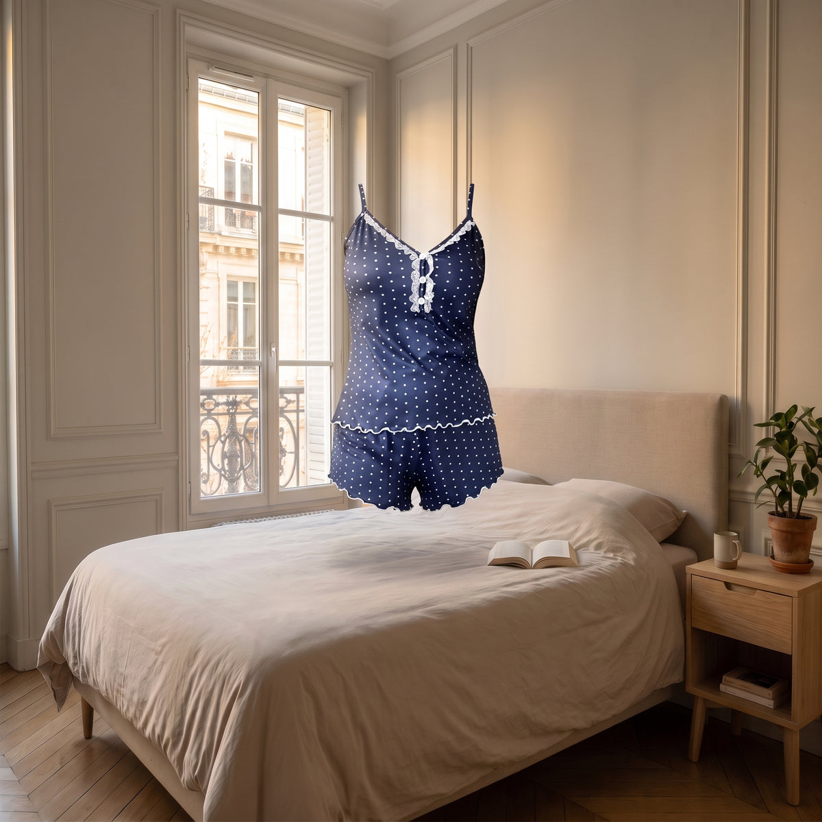 Pyjama en satin et dentelle bleu marine sans corps, montrant la coupe