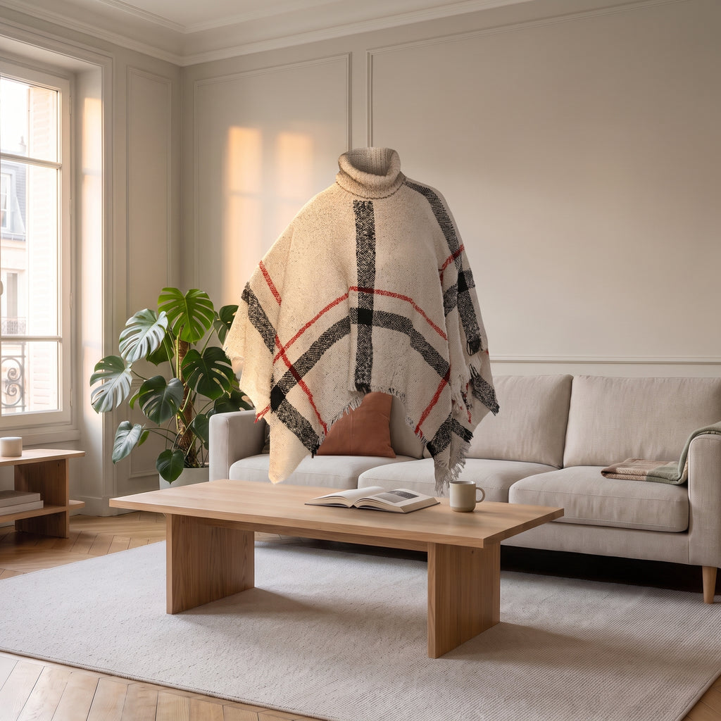 Cape femme beige à carreaux présentée sans mannequin