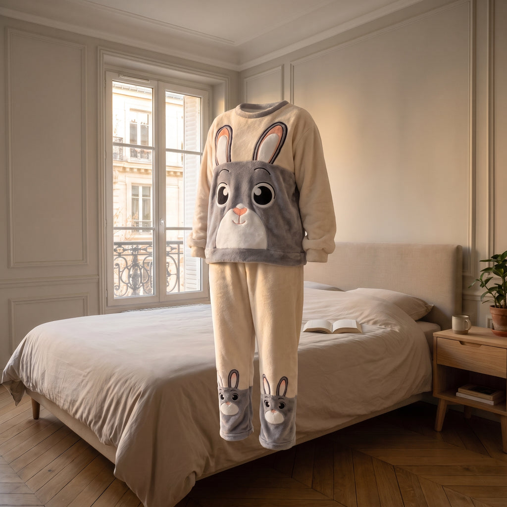 Haut et pantalon du pyjama lapin gris présentés sur buste, coupe visible
