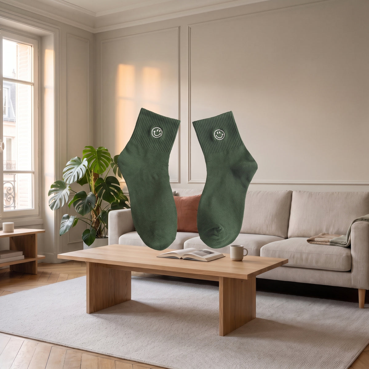 Chaussettes smiley vertes côtelées en volume