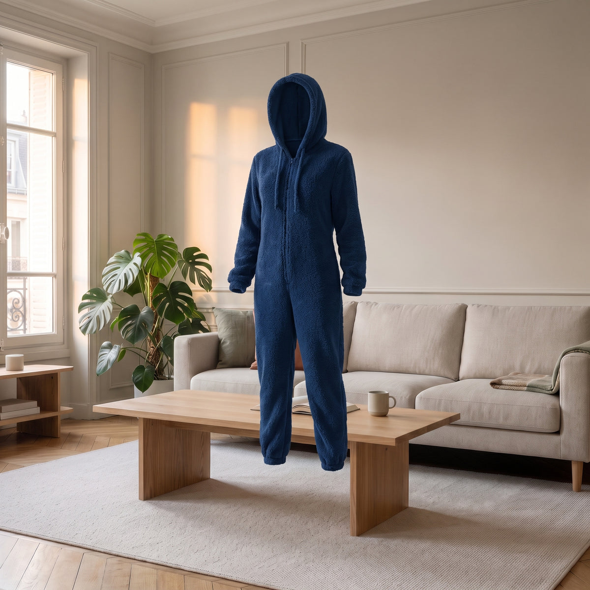 Combinaison polaire bleue à capuche sur mannequin invisible