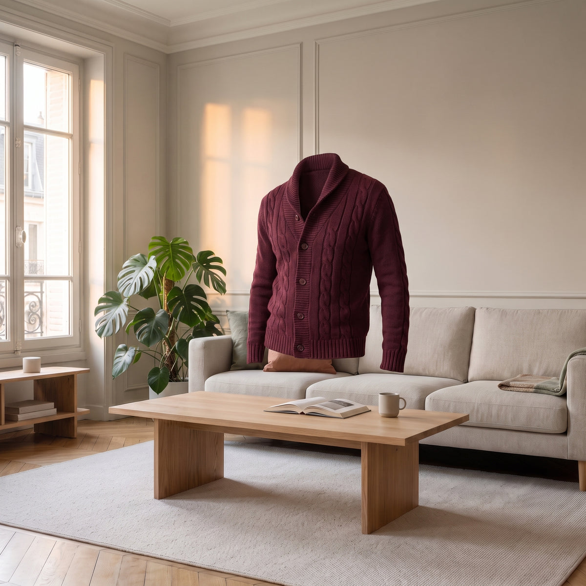 Cardigan homme bordeaux torsadé à col châle présenté sans mannequin