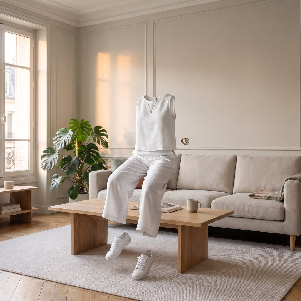 Ensemble en lin blanc sans corps, montrant la coupe