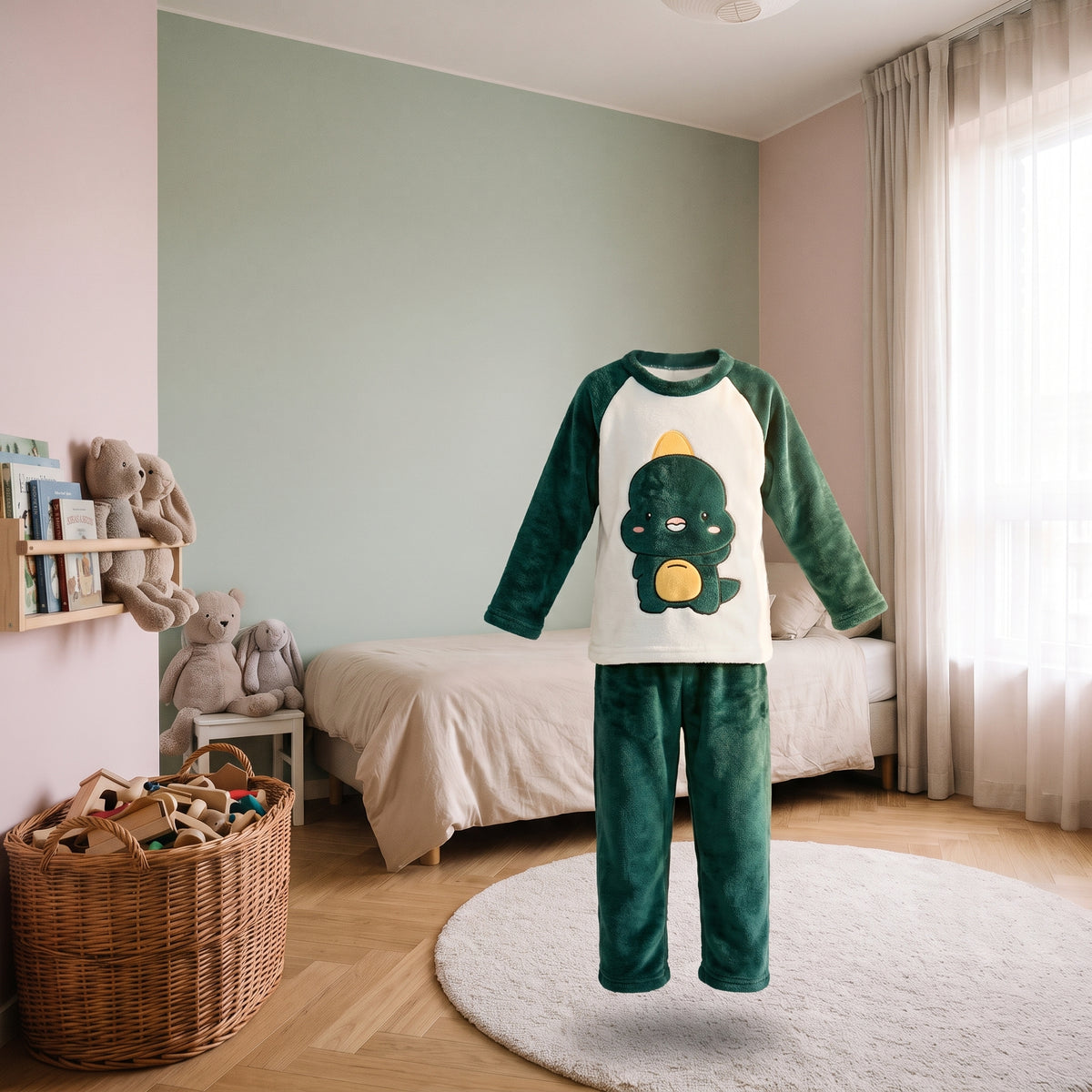Pyjama polaire dinosaures vert foncé présenté seul dans une chambre d'enfant