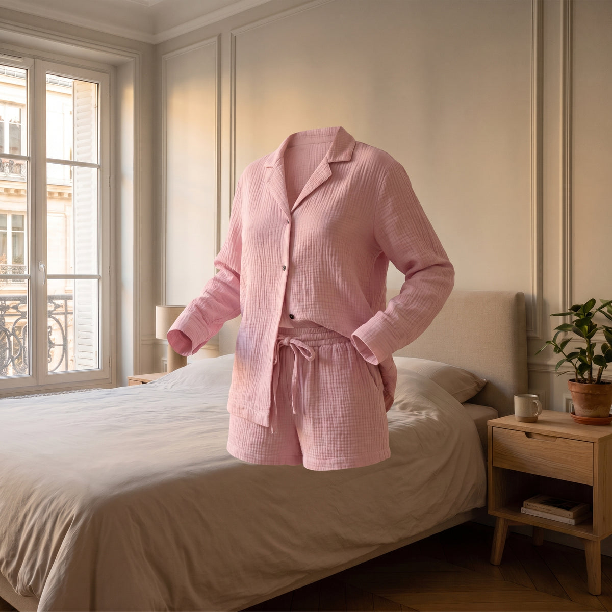 Pyjama en coton rose sans corps, montrant la coupe
