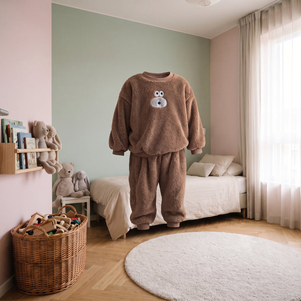 Pyjama peluche ours brun présenté seul dans une chambre d'enfant