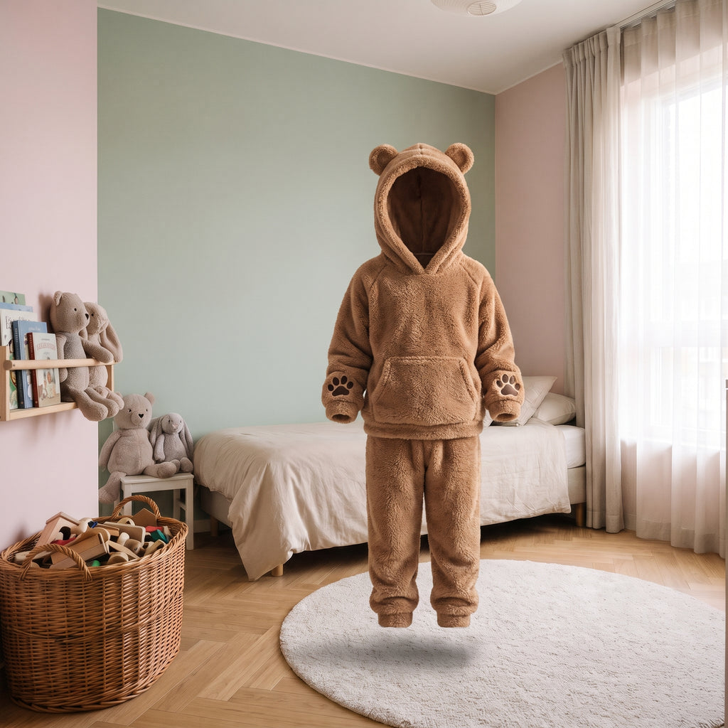 Pyjama en flanelle à capuche ours brun présenté seul dans une chambre d'enfant