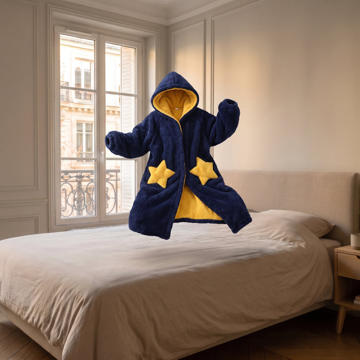 Peignoir à capuche en sherpa bleu marine sans corps, montrant la coupe
