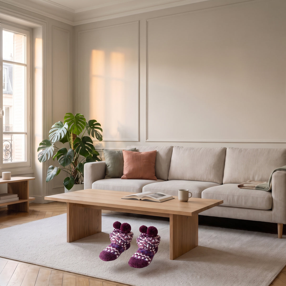 Chaussettes à pompons violettes à plat sur fond neutre
