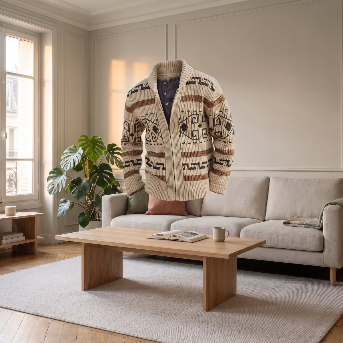 Cardigan homme marron à motifs géométriques présenté sans mannequin