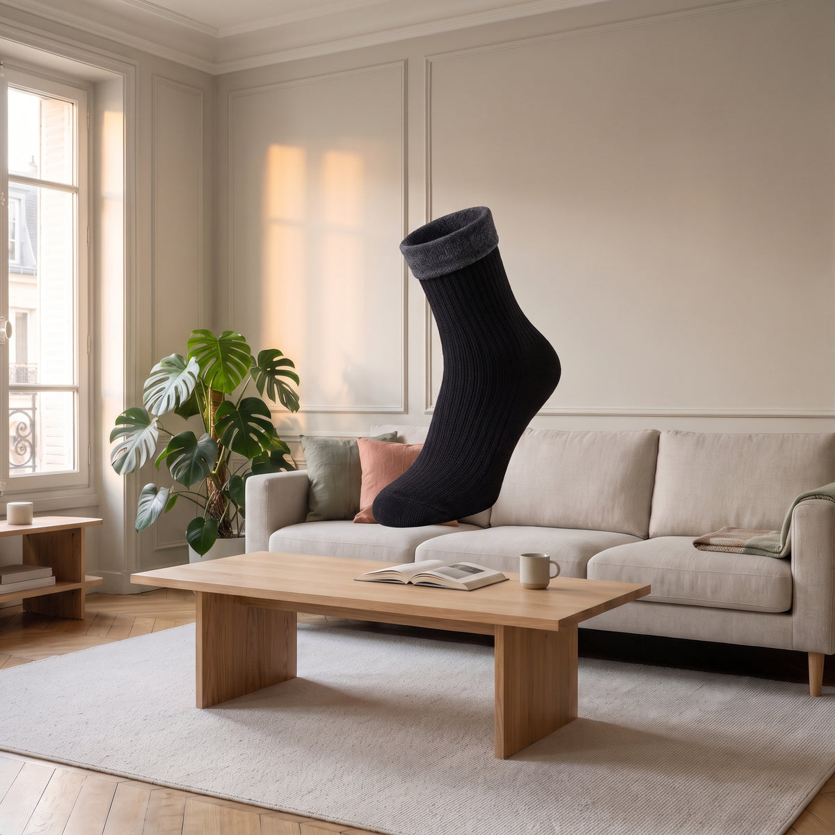 Chaussettes unies noires à revers contrastant en volume