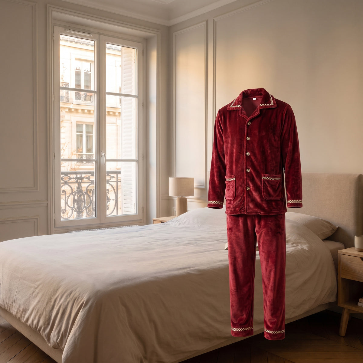 Pyjama en flanelle rouge sans corps, montrant la coupe