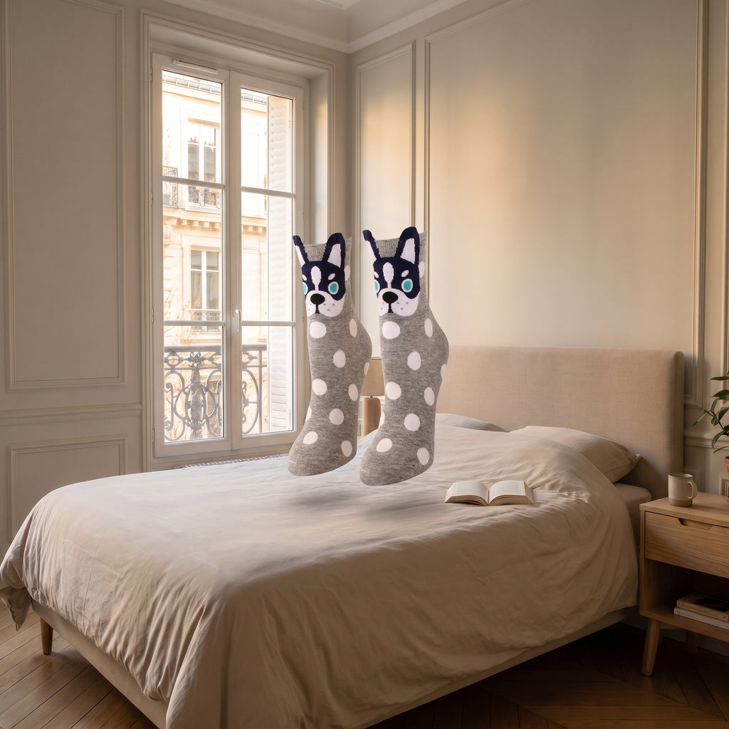 Chaussettes tête de chien grises à pois en volume