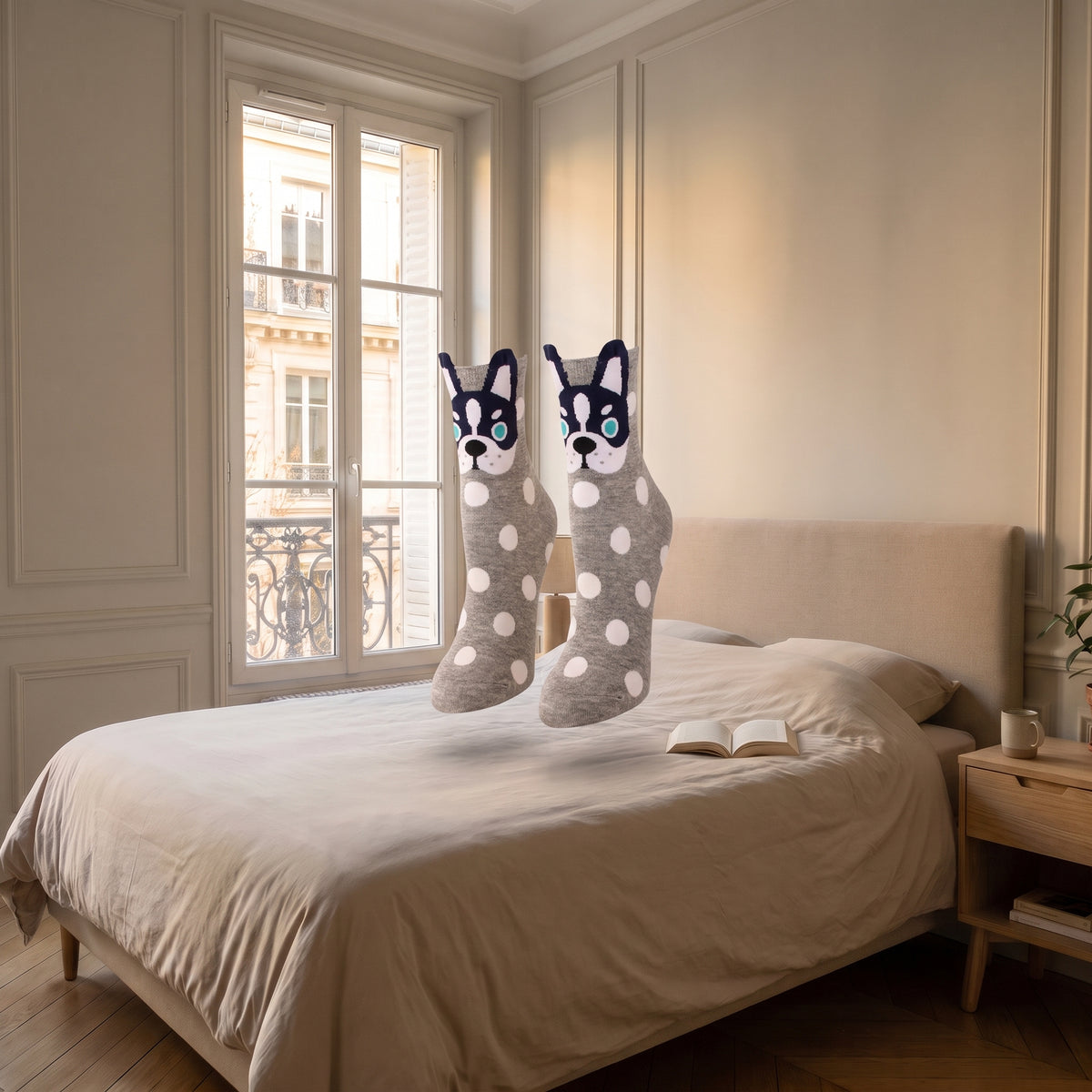 Chaussettes tête de chien grises à pois en volume