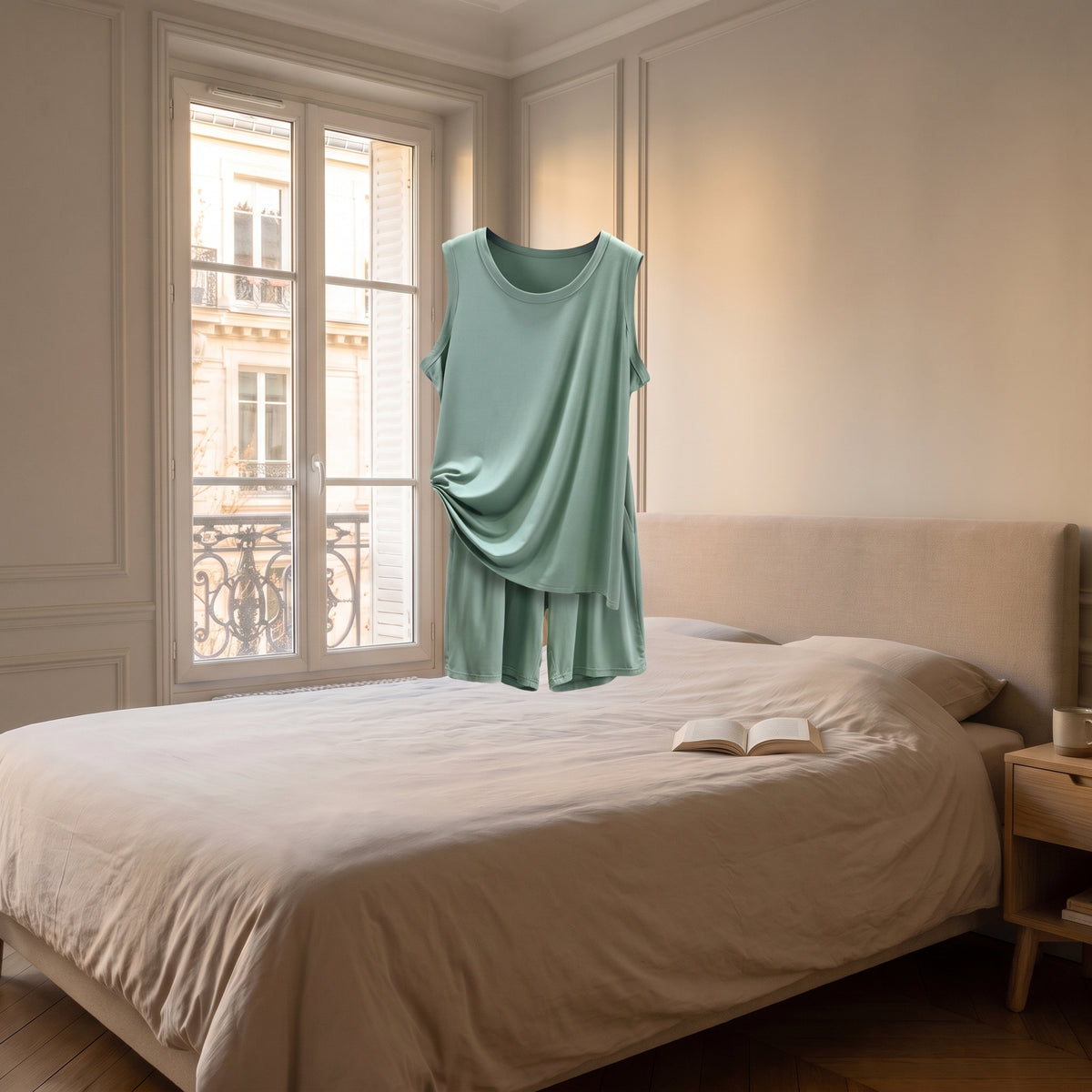 Pyjama d'été vert sans corps, montrant la coupe