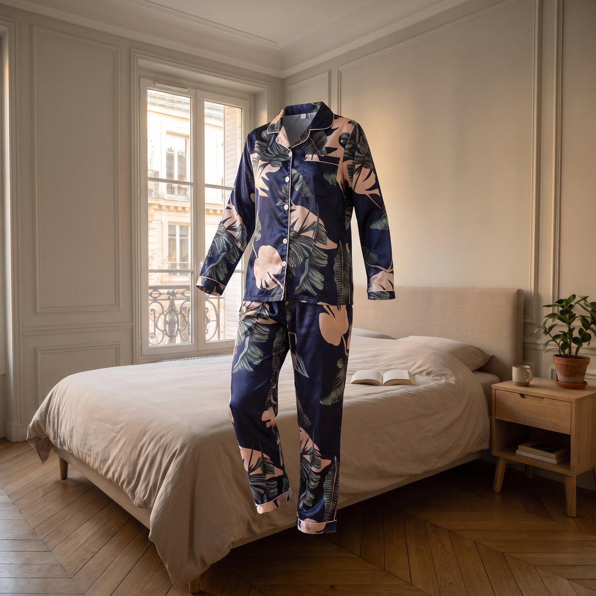 Pyjama en satin bleu marine porté sans mannequin, coupe fluide visible