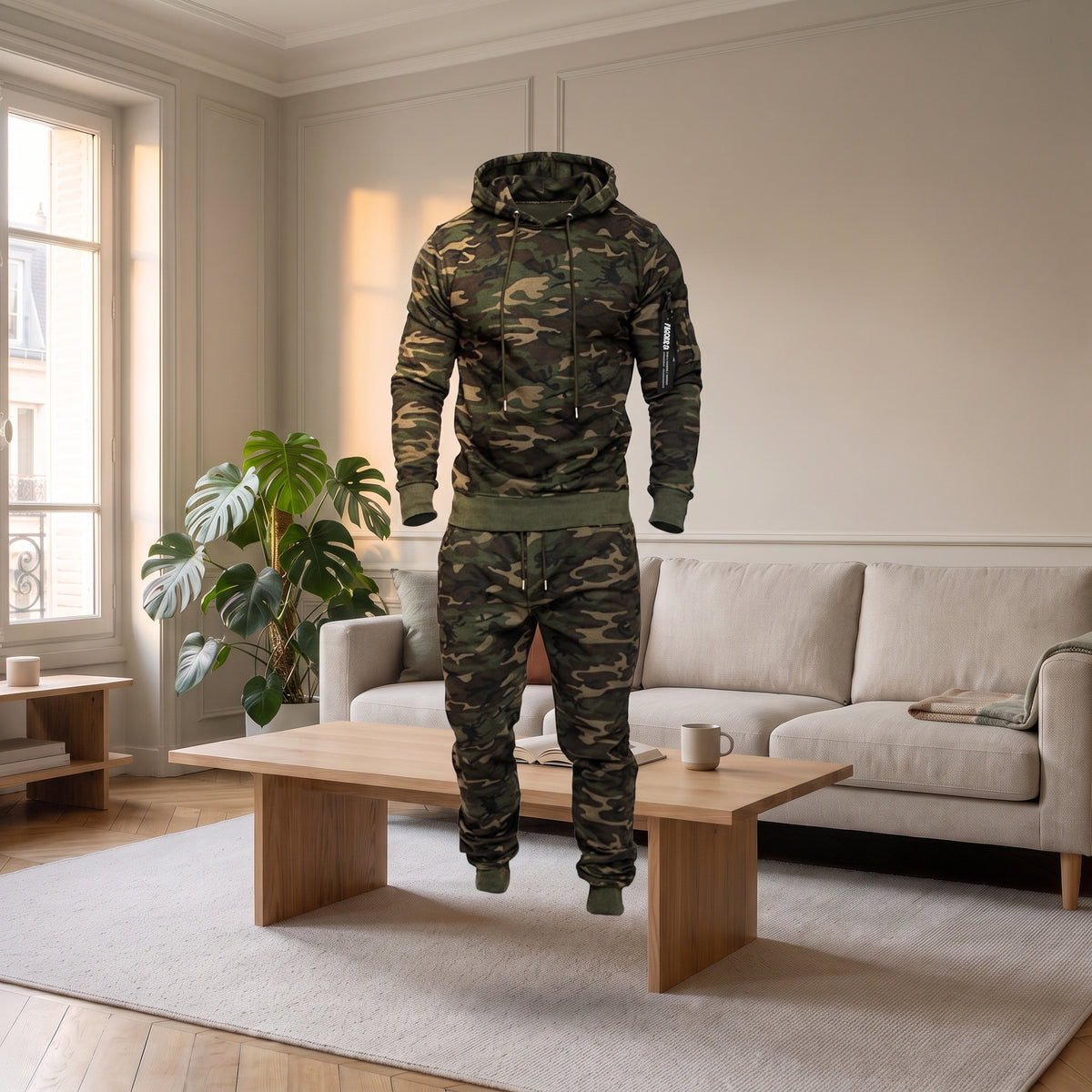Survêtement camo vert sans corps, montrant la coupe