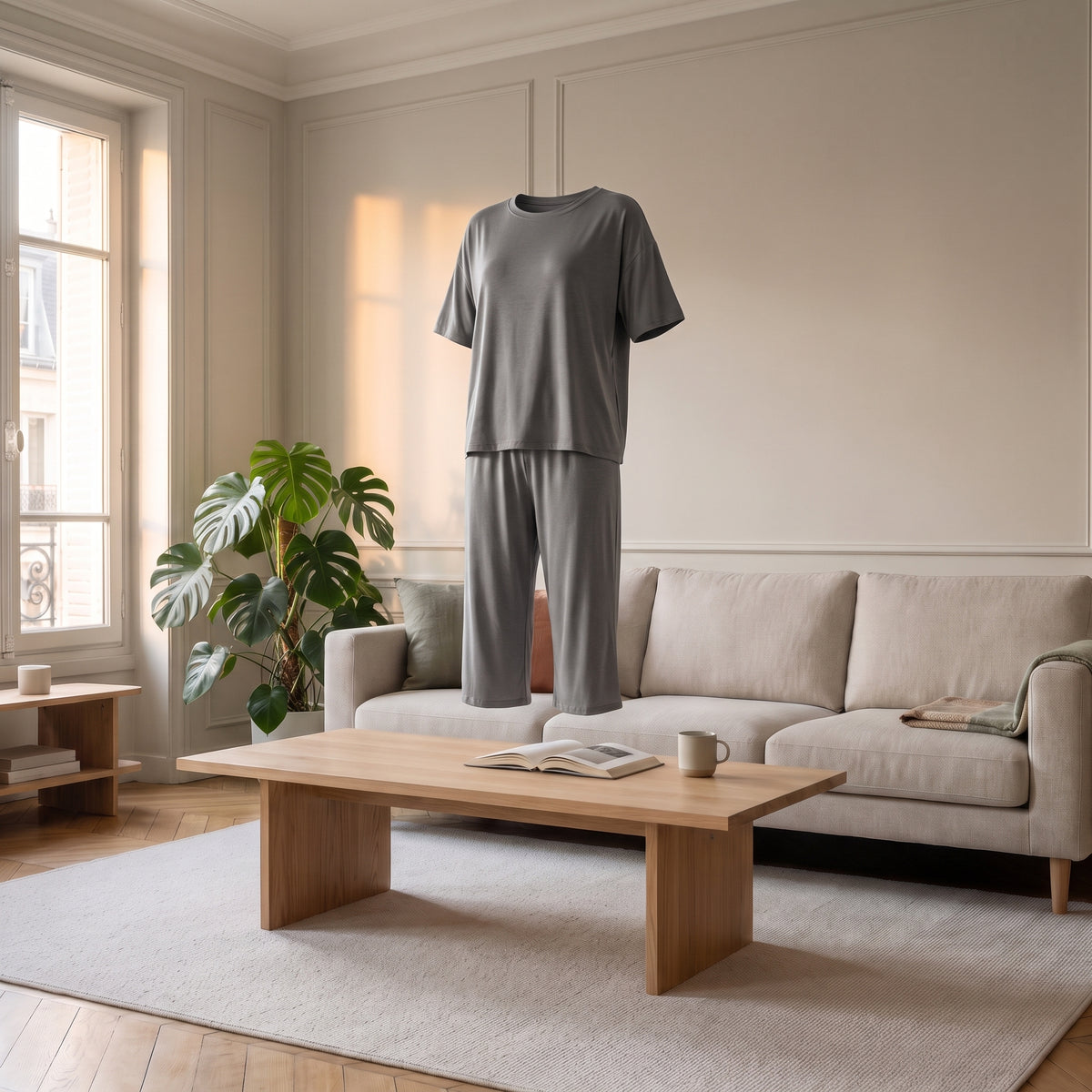 Ensemble d'intérieur en viscose gris sans corps, montrant la coupe