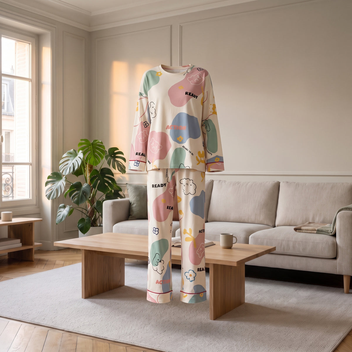 Pyjama deux pièces coton à motifs pastel en volume