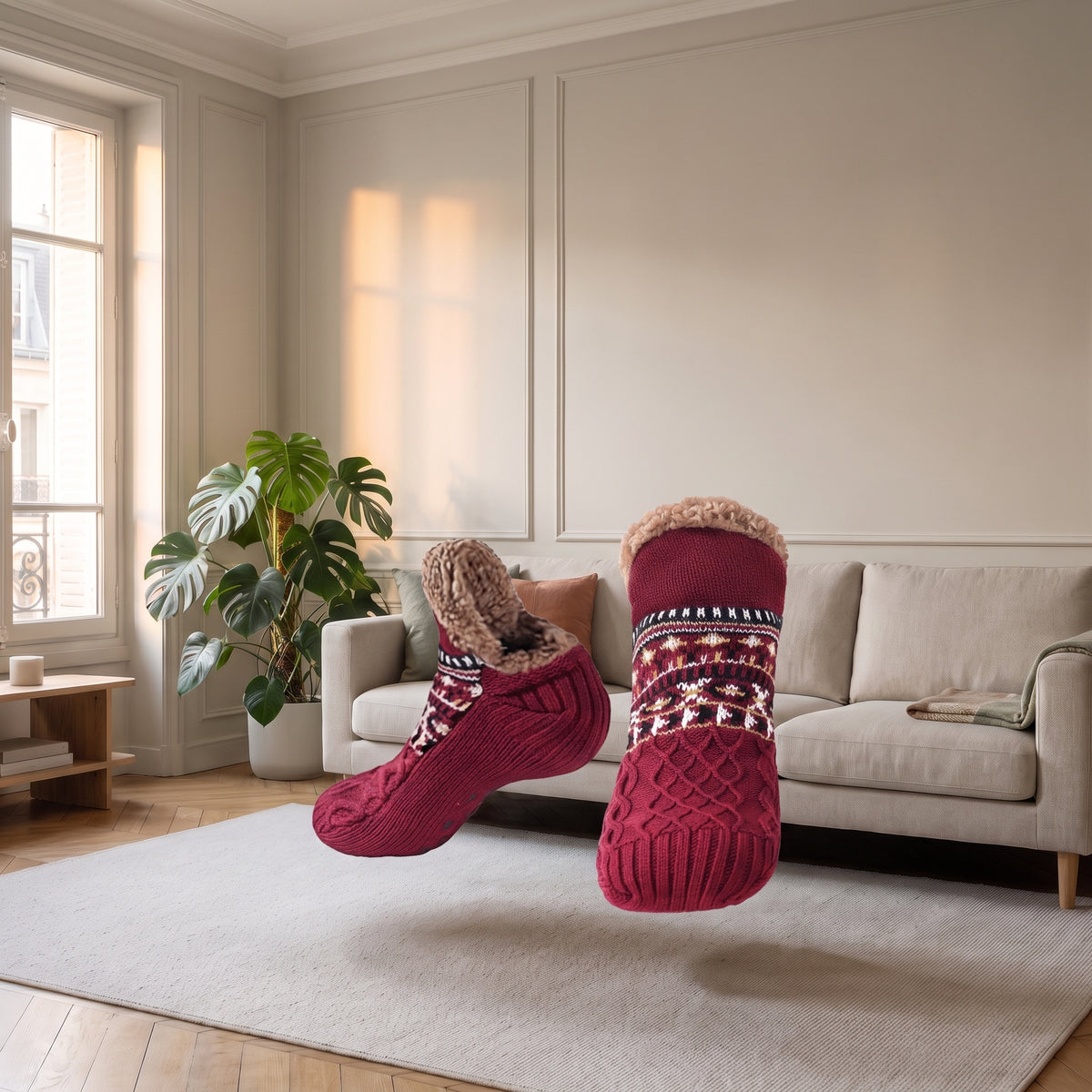 Chaussettes chaussons fourrées rouges à plat sur fond neutre