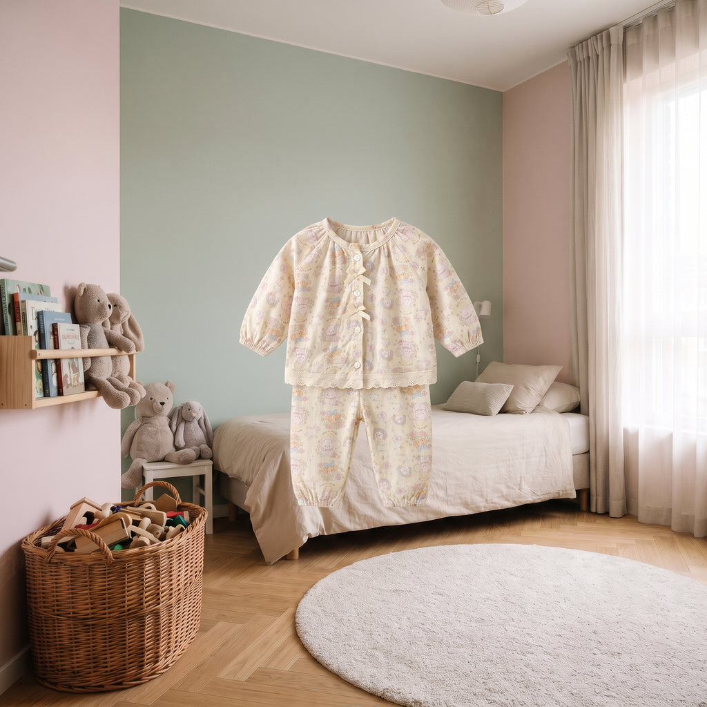 Pyjama en coton à imprimé oursons et lapins présenté seul dans une chambre d'enfant
