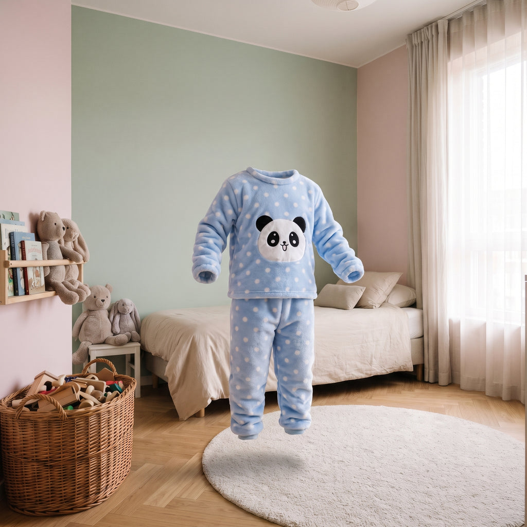 Pyjama en flanelle panda bleu présenté seul dans une chambre d'enfant