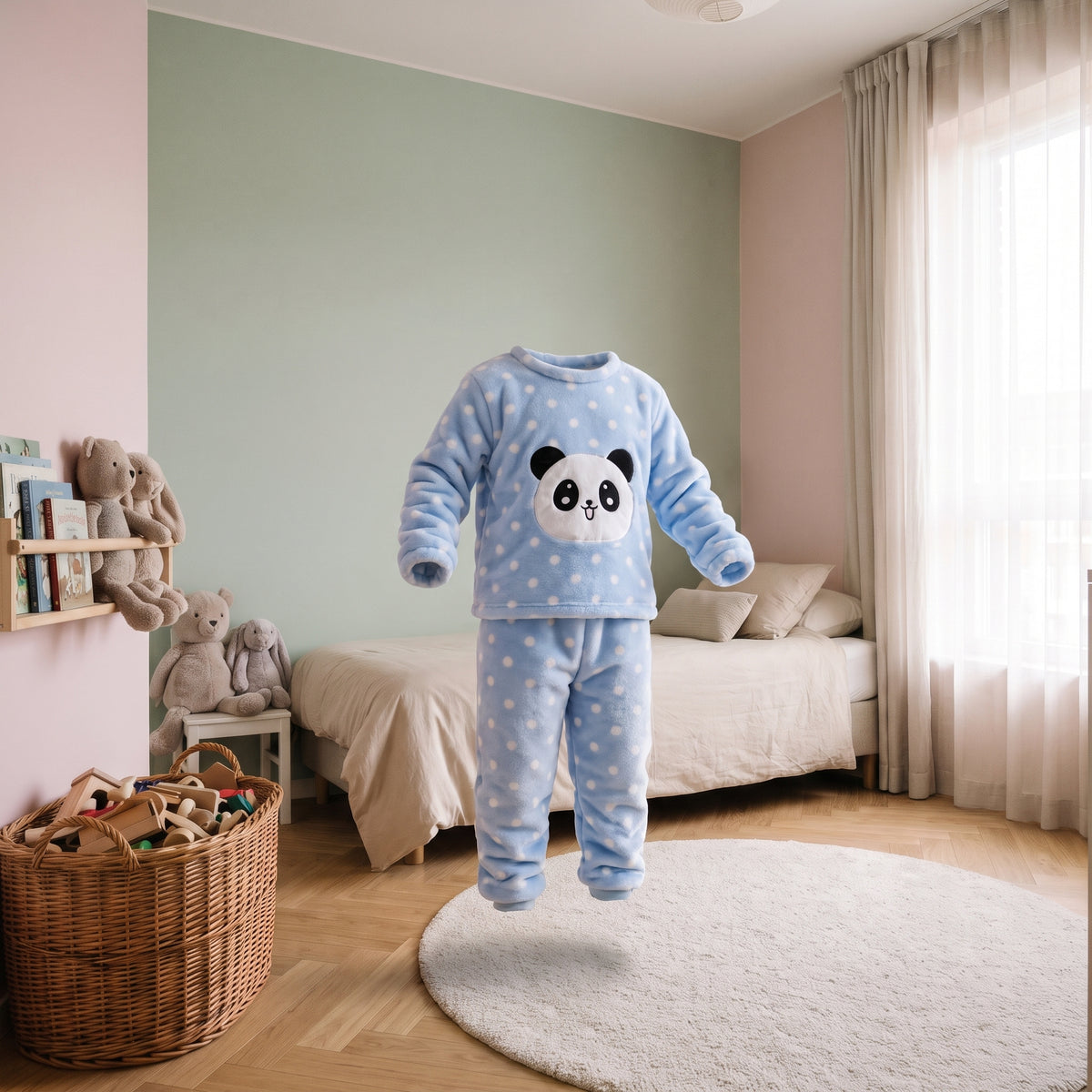 Pyjama en flanelle panda bleu présenté seul dans une chambre d'enfant