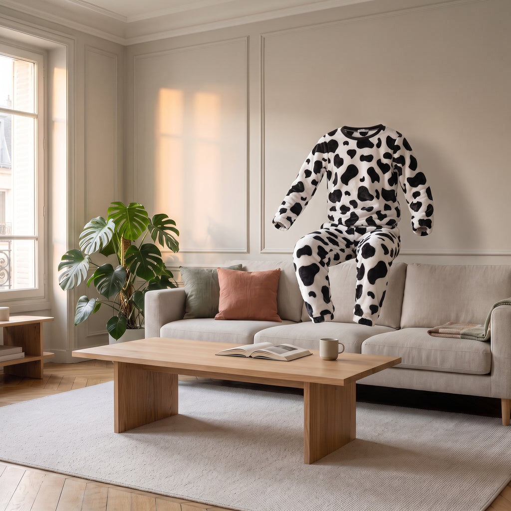 Pyjama en polaire imprimé vache sans corps, montrant la coupe