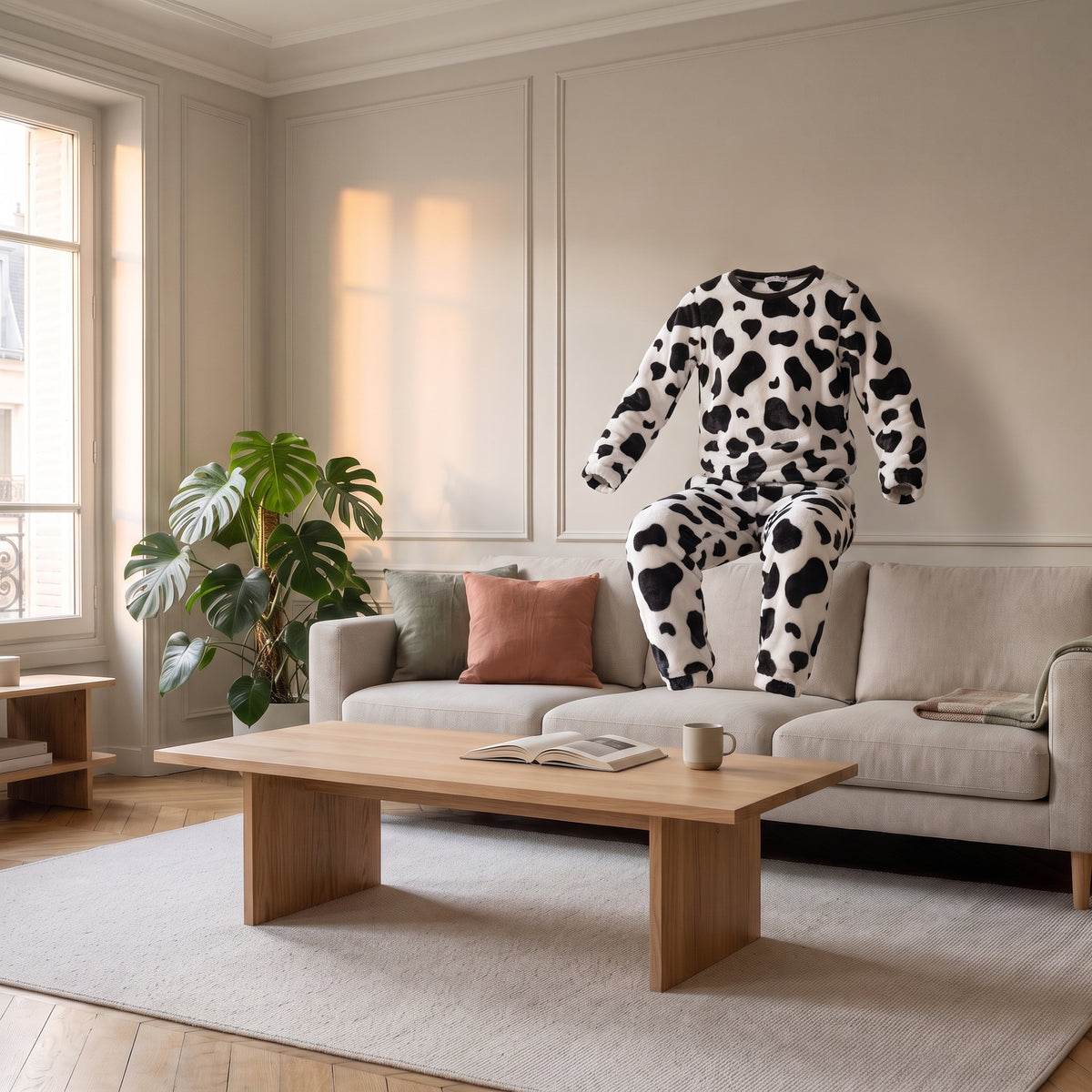 Pyjama en polaire imprimé vache sans corps, montrant la coupe