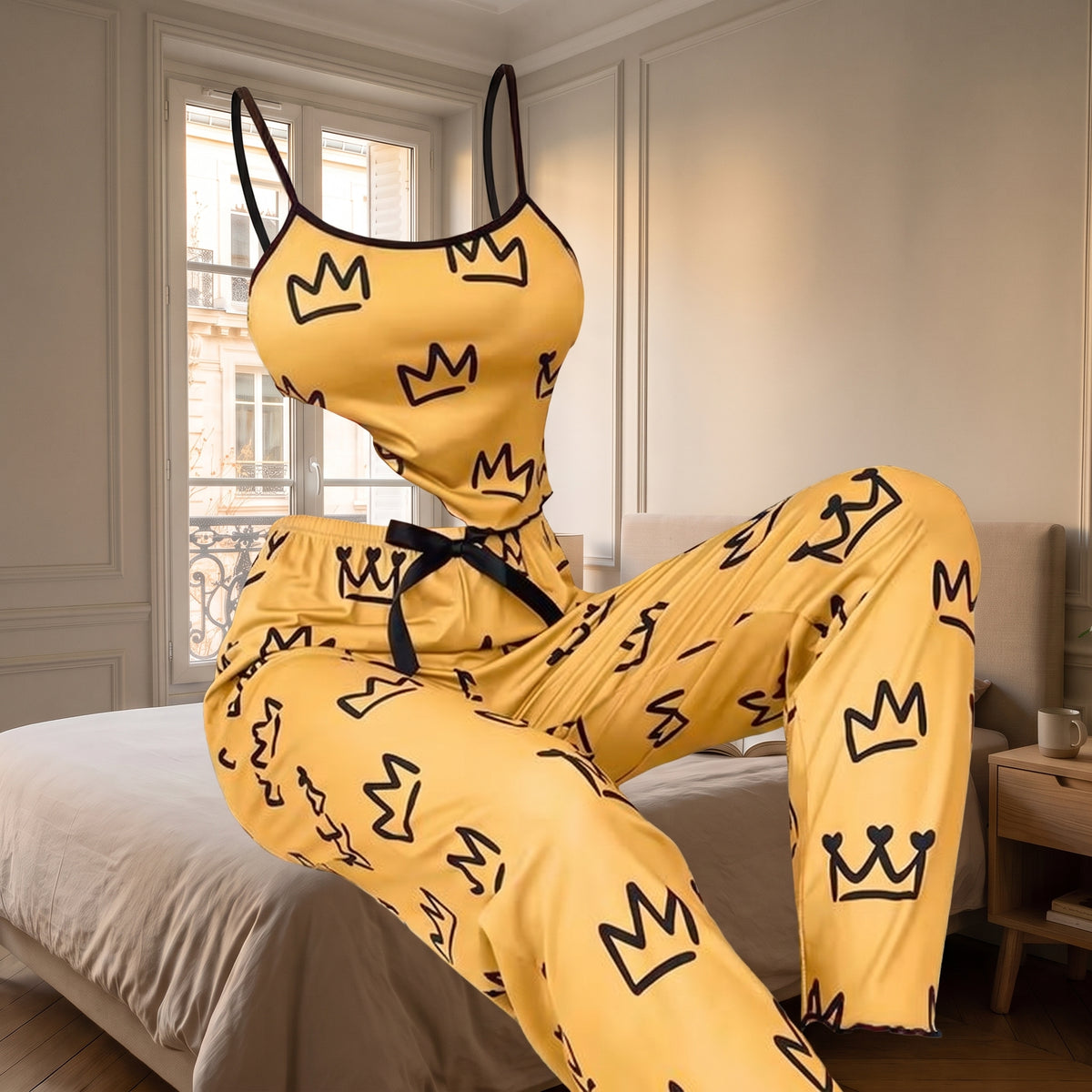 Pyjama en satin jaune sans corps, montrant la coupe