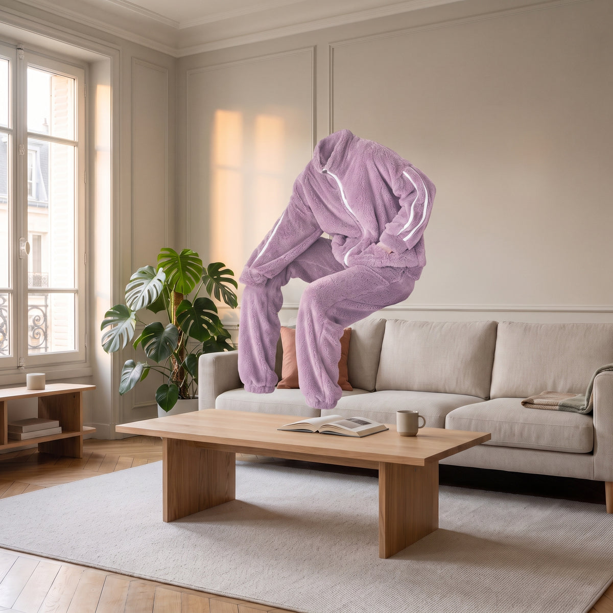 Ensemble en molleton violet sans corps, montrant la coupe