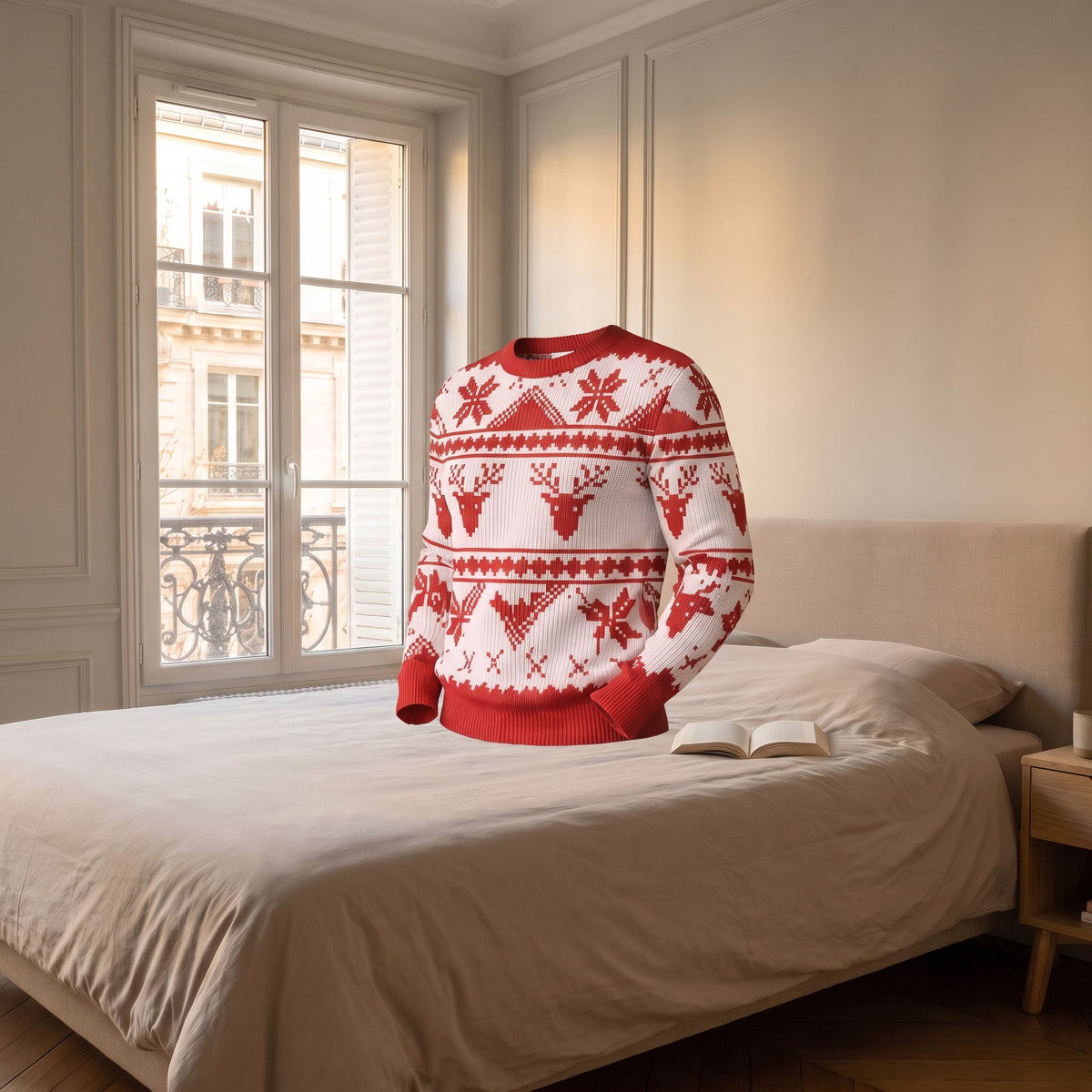Pull de Noël blanc à rennes sur mannequin invisible