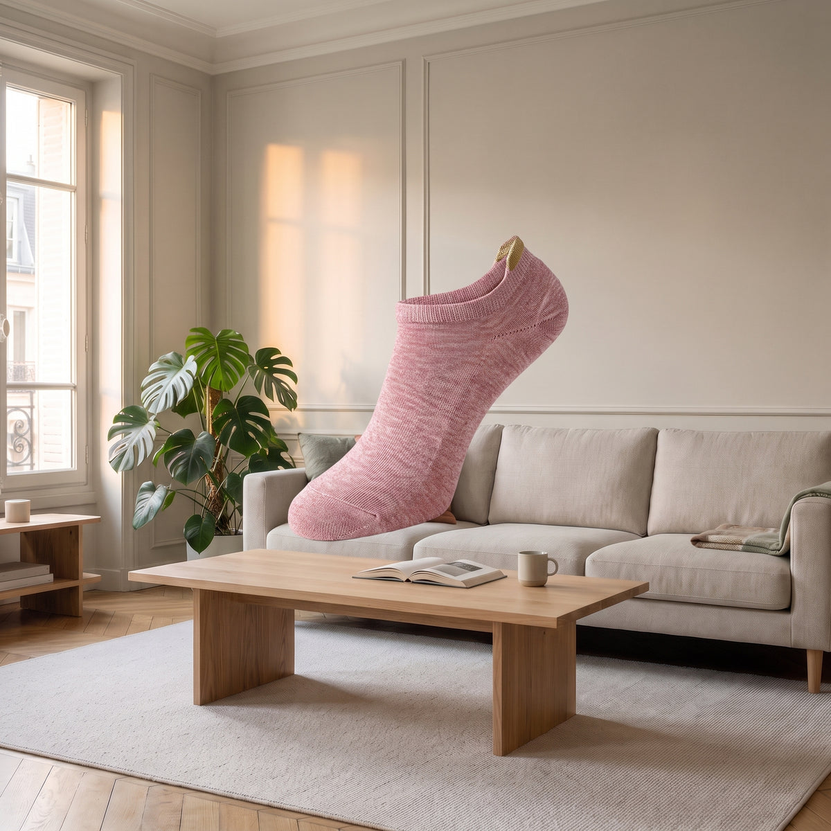 Chaussettes basses roses à cœur doré présentées sans pied